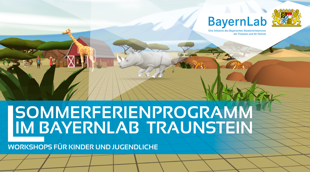 3D animierte Welt erstellt mit Delightex Im Hintergrund ist eine, mit dem Programm Delightex, 3D animierte Savannenartige Landschaft. Ein Nashorn läuft durch die Mitte des Bildes. 2 Tiger sind am rechts im Bild. Links sieht man eine Giraffe vor einer roten Scheune. Hier stehen auch 2 Personen und ein Löwe. Im Vordergrund befindet sich im rechten oberen Eck das BayernLab Logo. Am linken unteren Rand steht groß in weißer Schrift auf blauem Hintergrund