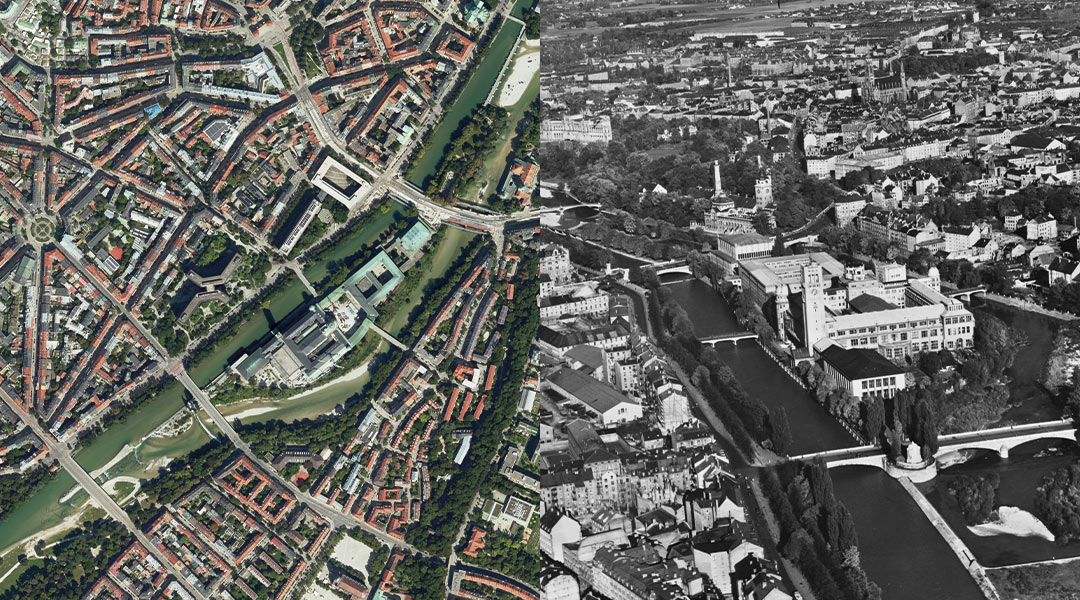 Collage eines Luftbilds von 2024 im Vergleich zu einer Schrägaufnahme aus den 1940er Jahren vom Deutschen Museum